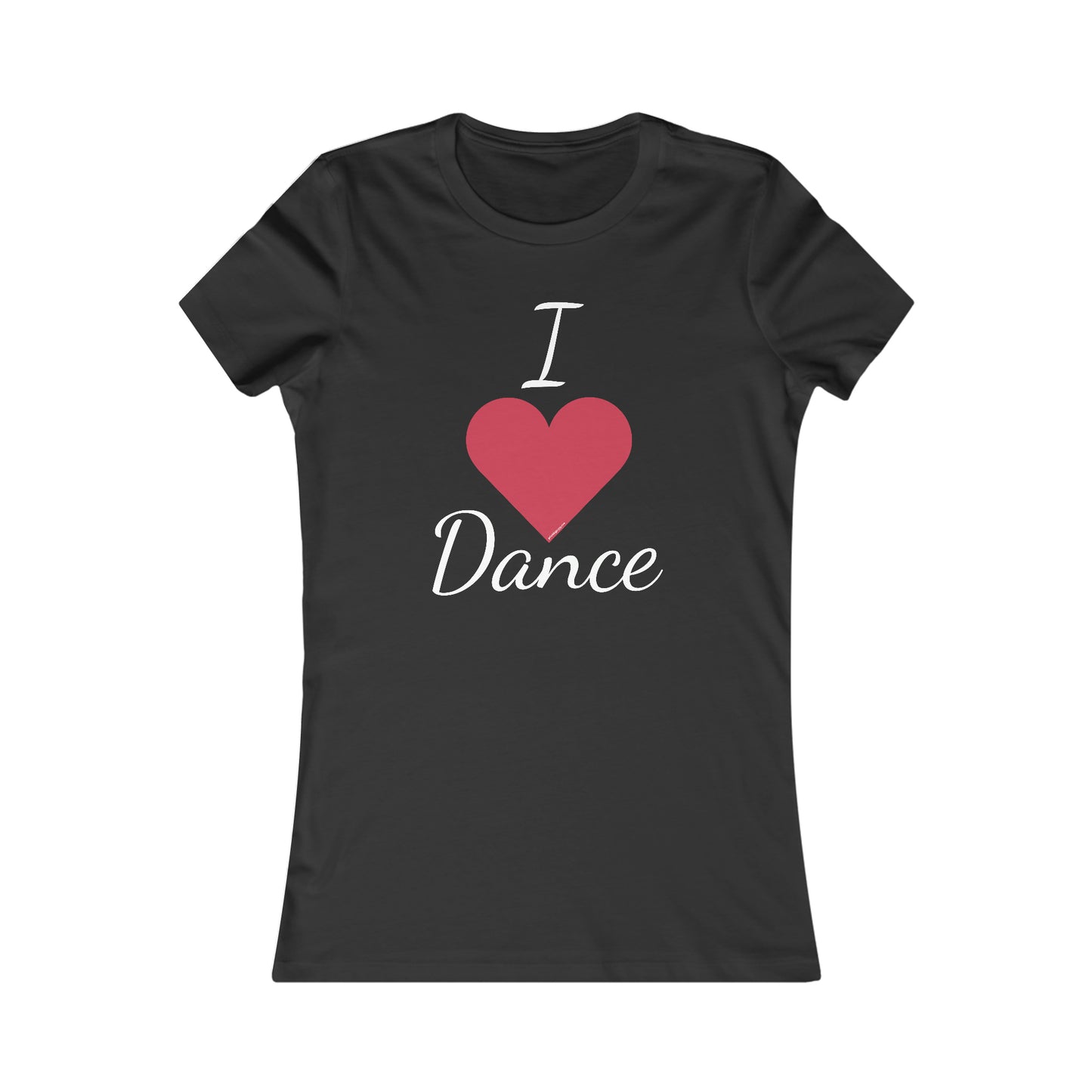 front view of a black tee shirt with "I heart Dance" written on it with a big red heart instead of the word