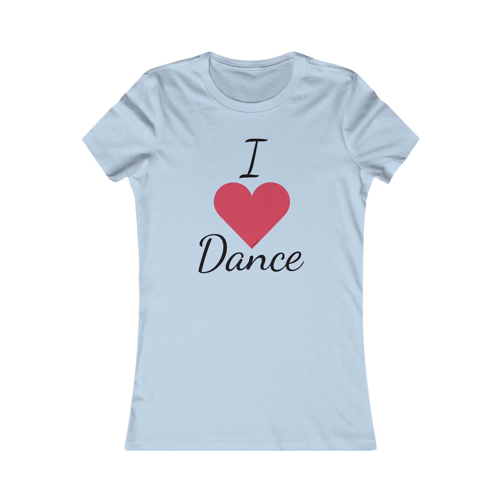 front view of baby blue tee shirt with "I heart Dance" 