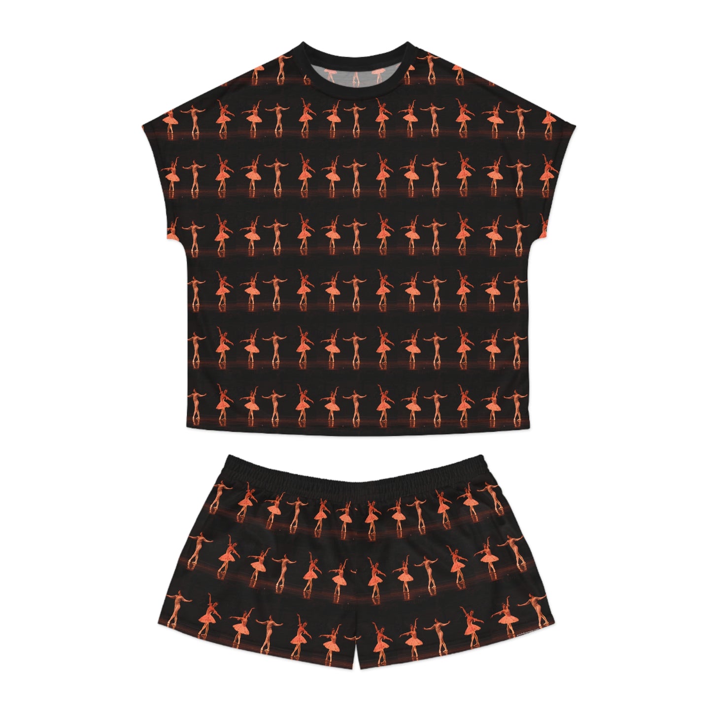 short pajama set with ballet figures printed on black background top and bottom laid flat