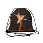 black drawstring bag with the text Future Prima Ballerina in cursive with a ballet dancer en pointe in a full arabesque with a white tutu.  
