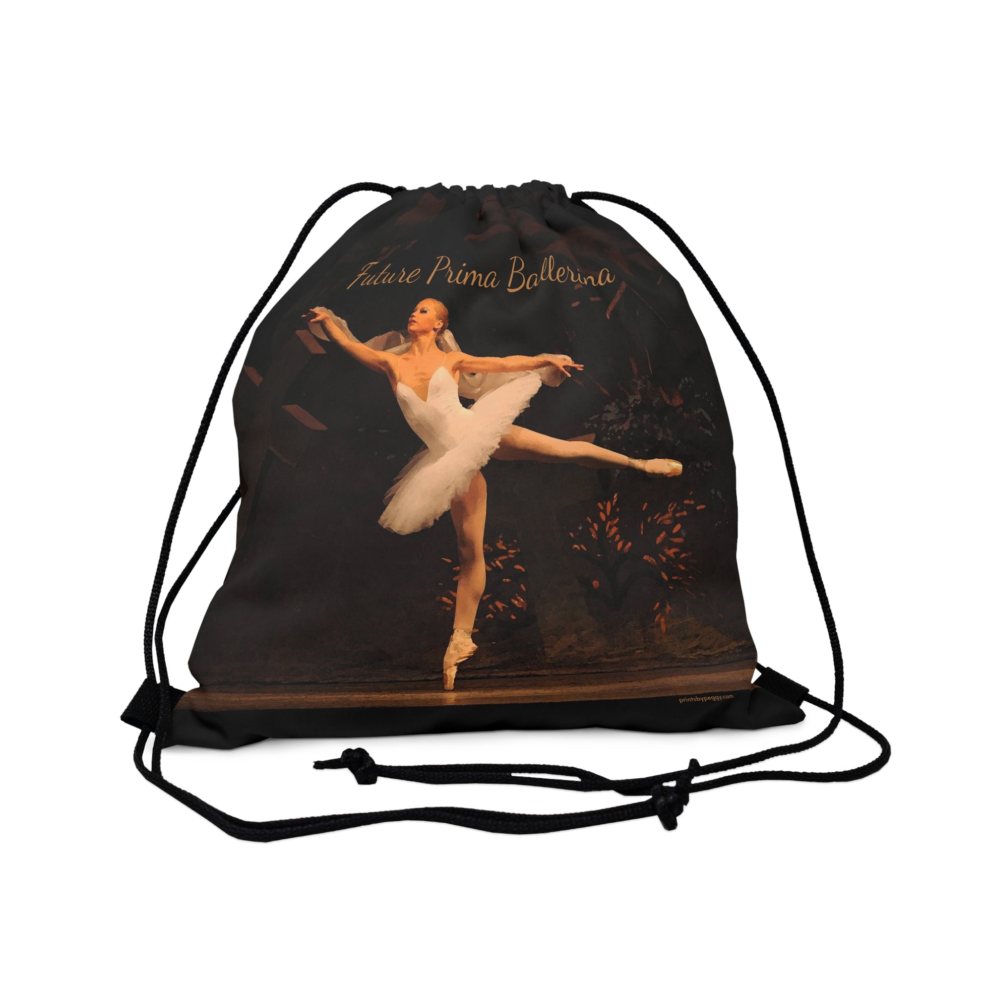 black drawstring bag with the text Future Prima Ballerina in cursive with a ballet dancer en pointe in a full arabesque with a white tutu.  