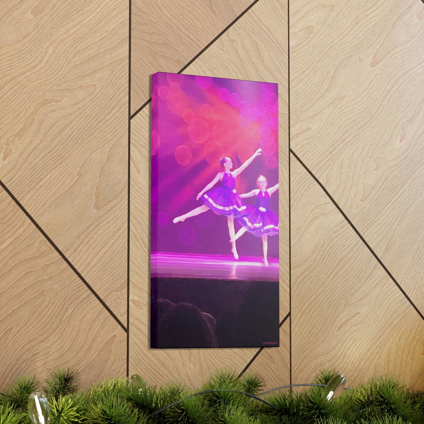 Canvas print of artwork of a Young female ballet dancer in purple hanging on a wall