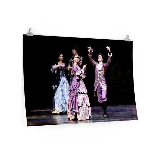 4 dancers in Baroque style costumes in purple and blue on a premium matte poster.