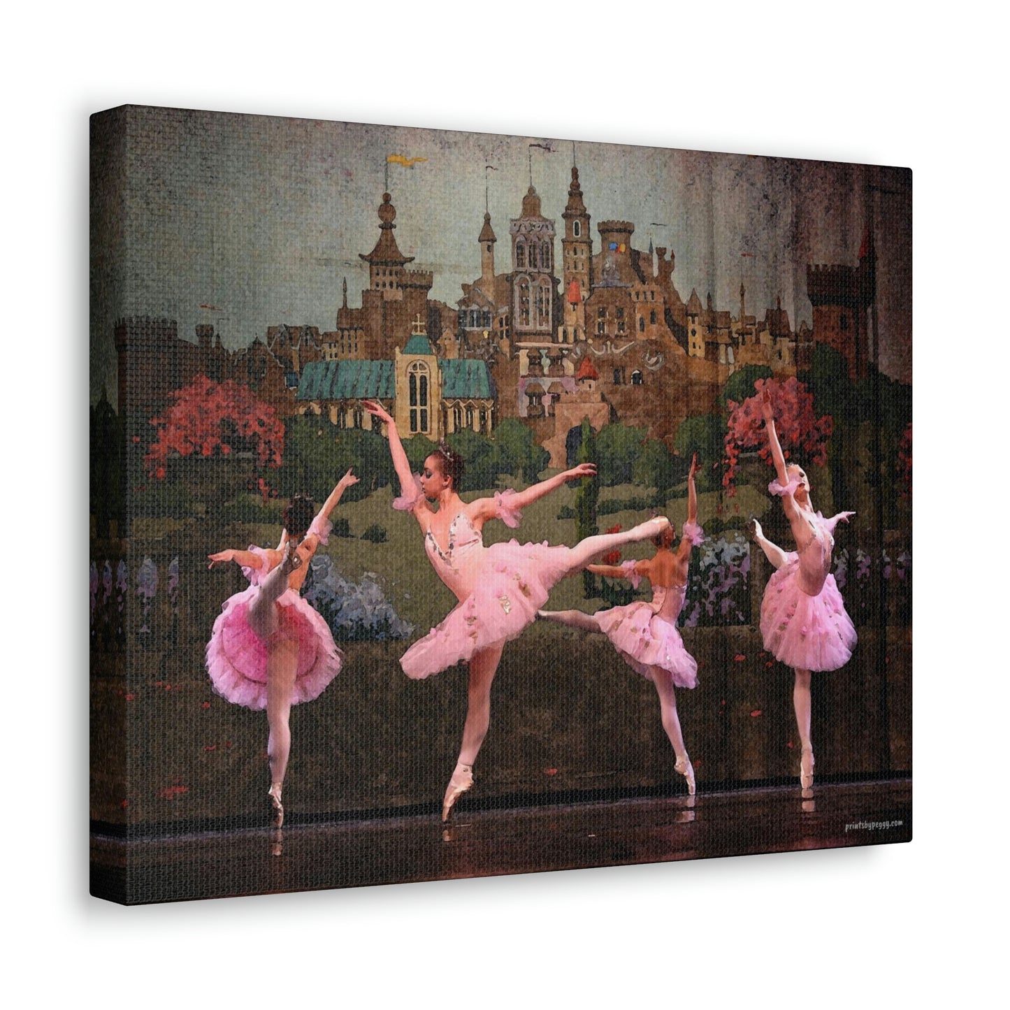 Canvas gallery wrap hanging on a white wall of Four ballerinas dancing in a circle on stage with a castle backdrop dressed in pink