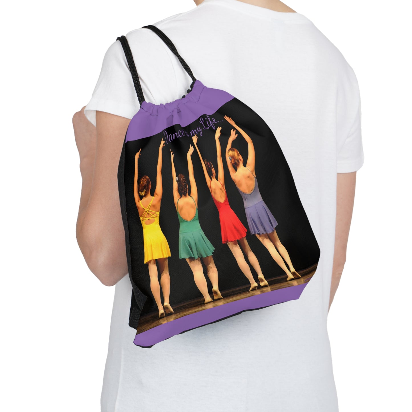 purple drawstring bag with modern dancers in multicolored costumes text says Dance is my life