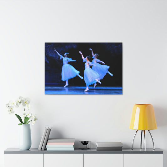 a photo of a painting in a home setting of three ballerinas performing on a stage dressed in white casting hues of blue .