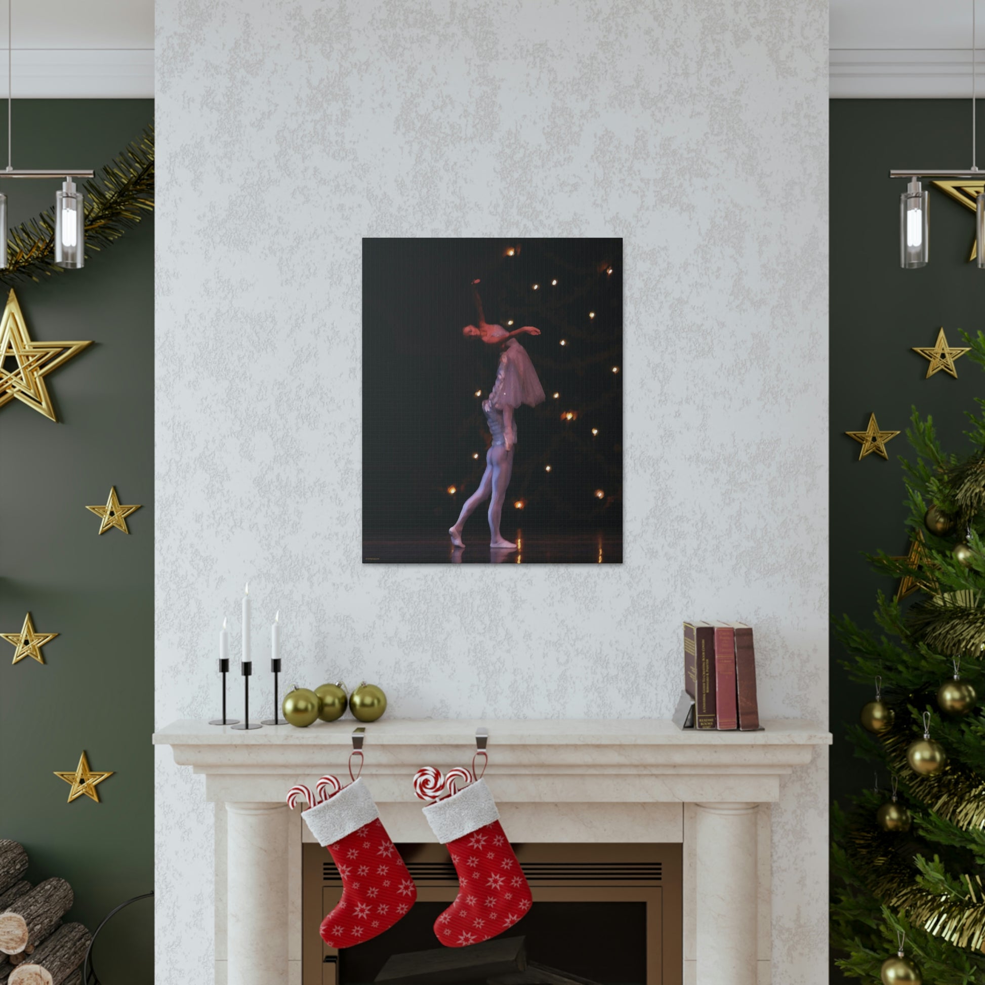 Nutcracker performance with a male dancer lifting a female dancer shown on a white wall over a fireplace decorated for the holidays..