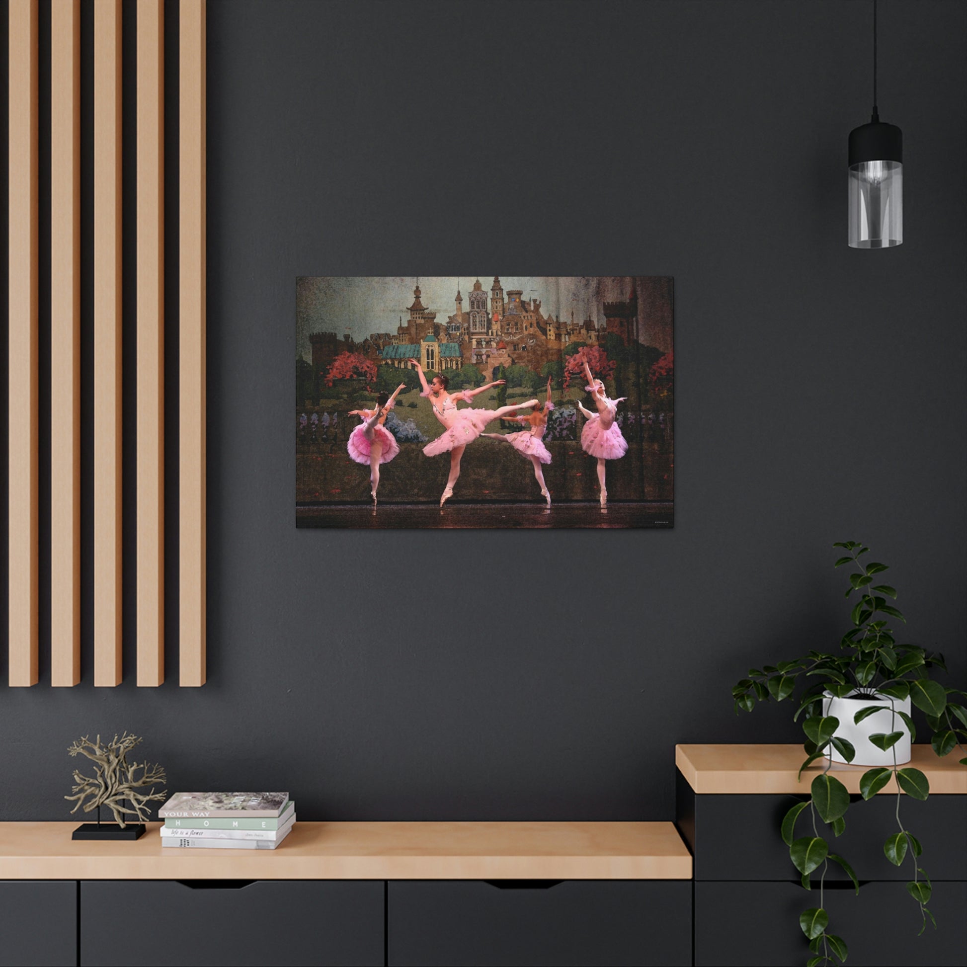 painting of Four ballerinas dancing in a circle on stage with a castle backdrop dressed in pink