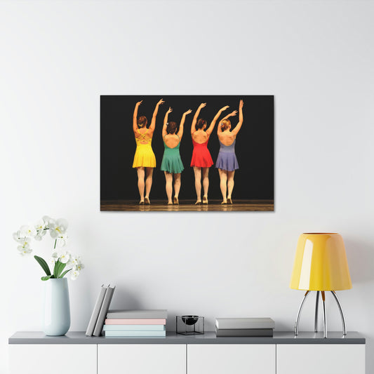 Art image hanging on the wall in a home setting of a painting of four modern dancers from the rear on stage in bright costumes
