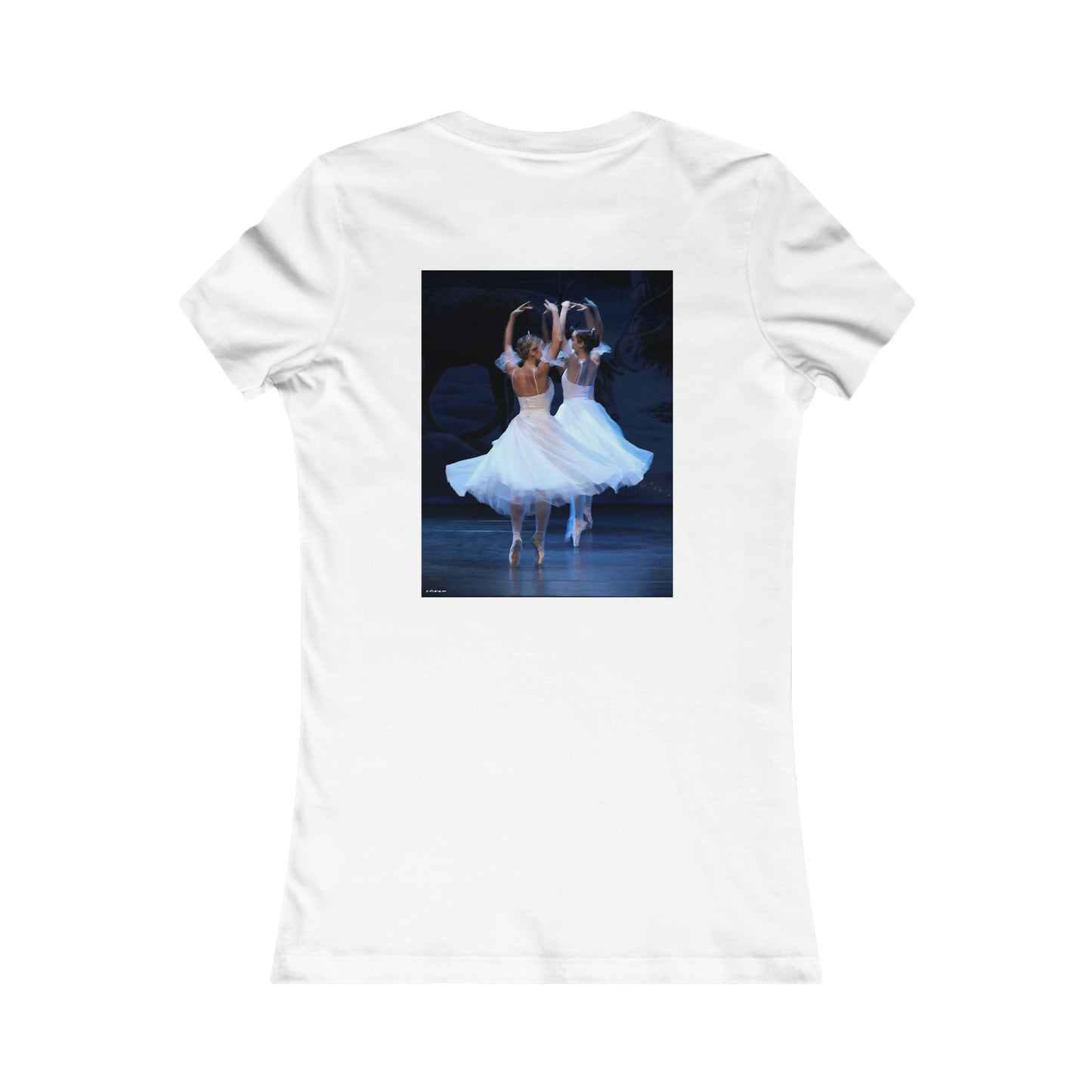 back side of the white tee shirt with two ballerinas spinning in white dresses pictured on it