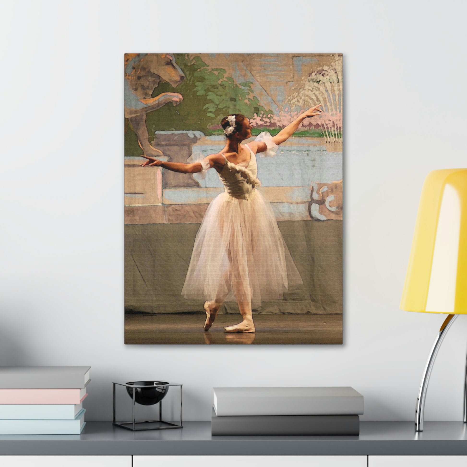 painting of a single ballet dancer in white with muted pastel background  