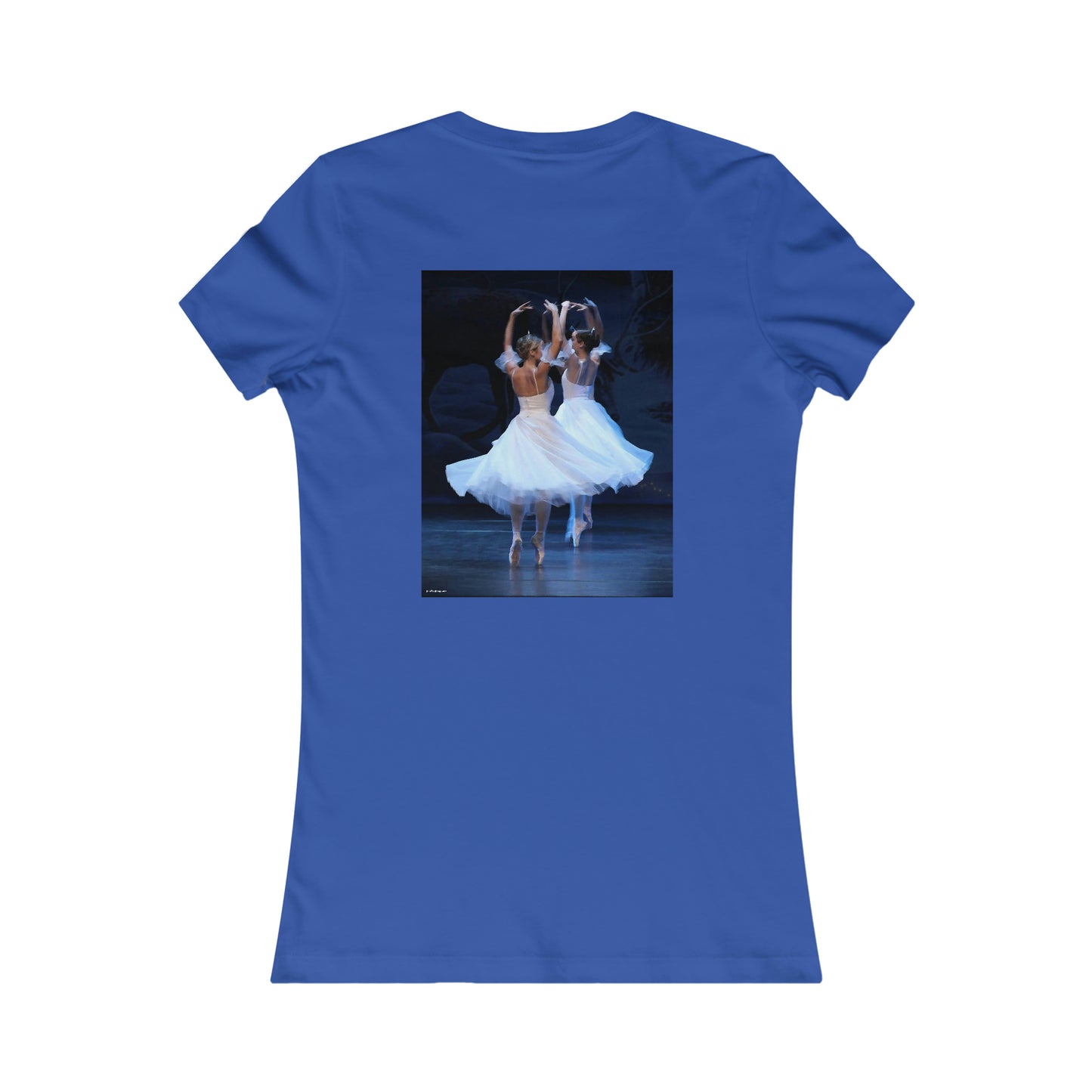 back side of dark blue tee shirt with two ballerinas in white pictured