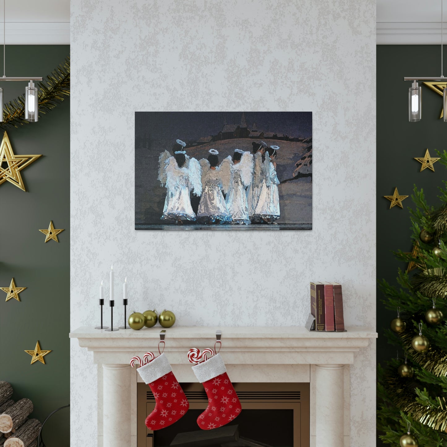 watercolor painting hanging on a wall in a holiday scene of children in angel costumes with a winter scene backdrop. 