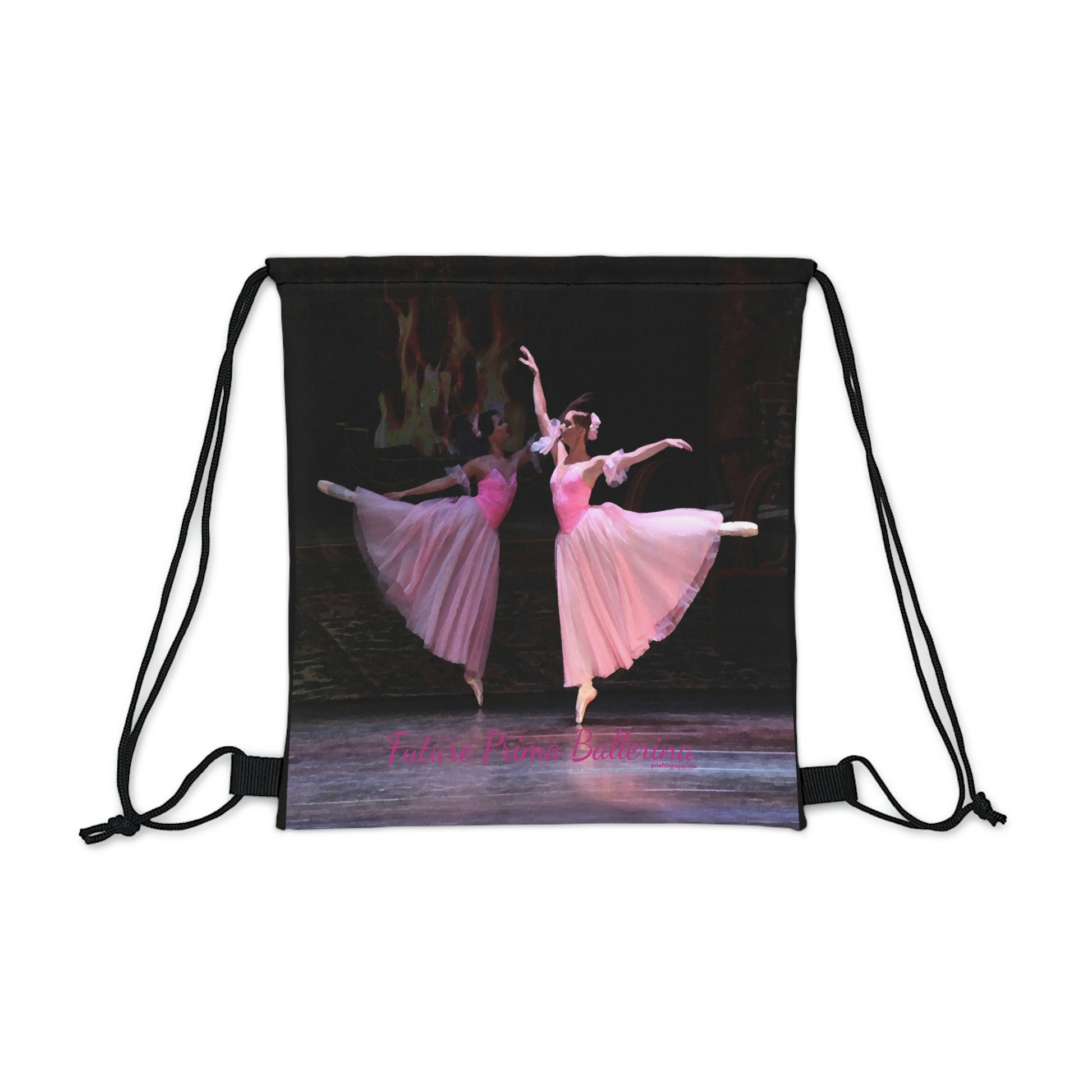 black drawstring bag with two ballet dancers in arabesque dressed in pink.