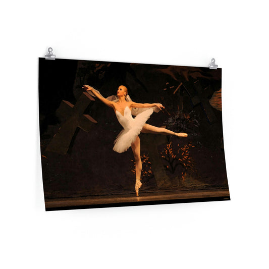 a 24x36 poster hanging on a wall of a prima ballerina in a white tutu dancing on a stage with a dark backdrop