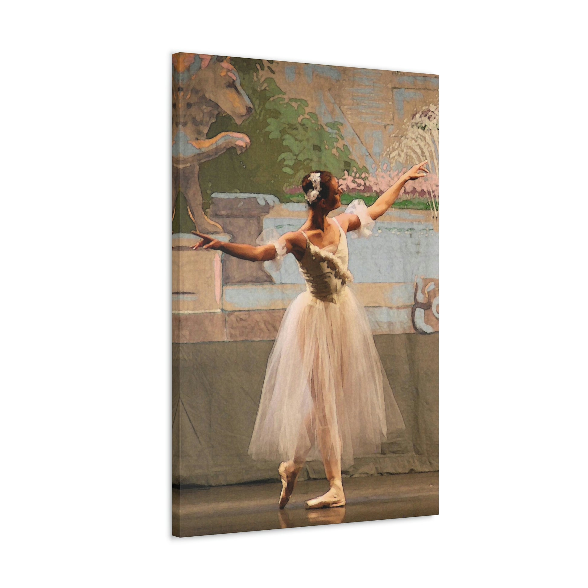 painting of a single ballet dancer wearing white with muted pastel background 