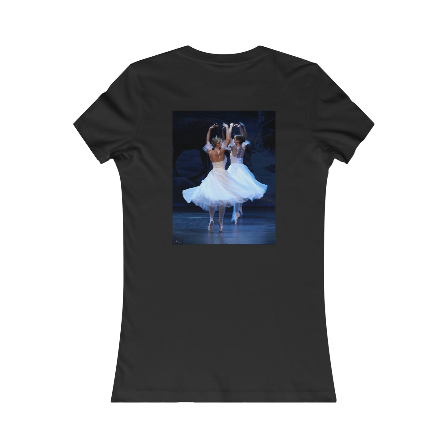 back view of the black tee shirt with artwork of two ballerinas spinning en pointe