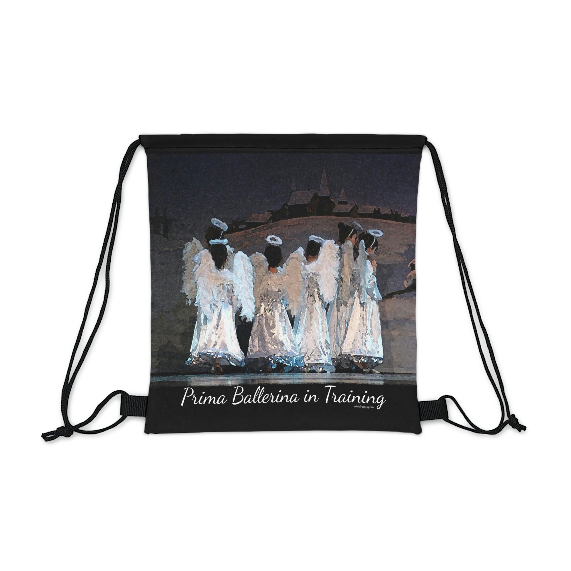 black drawstring bag with the text Prima Ballerina in Training written at the bottom with several youth dancers dressed in white as angels in the Nutcracker.