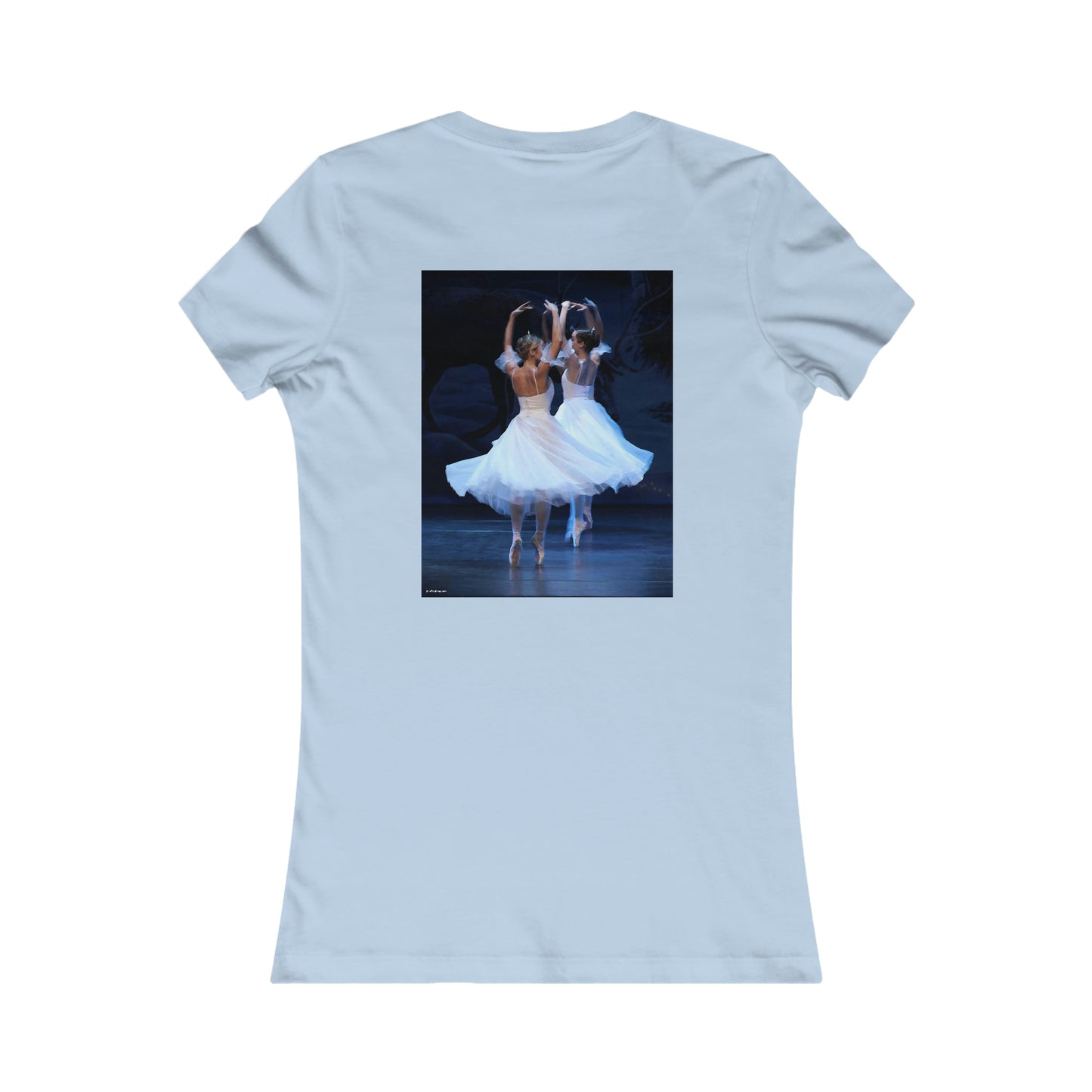 back side of baby blue tee shirt with artwork of two ballerinas spinning 