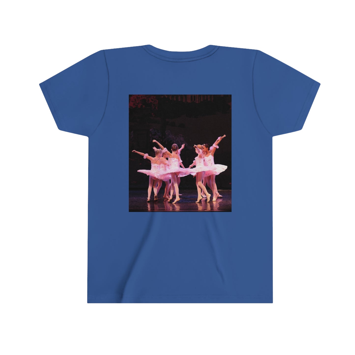 back side of dark blue tee shirt with little ballerinas dancing in a circle wearing pink tutus