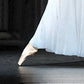 detail section of the ballerina's shoe and white dress