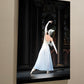 photo of an oil painting on canvas of a ballerina from the back performing on stage dressed in white