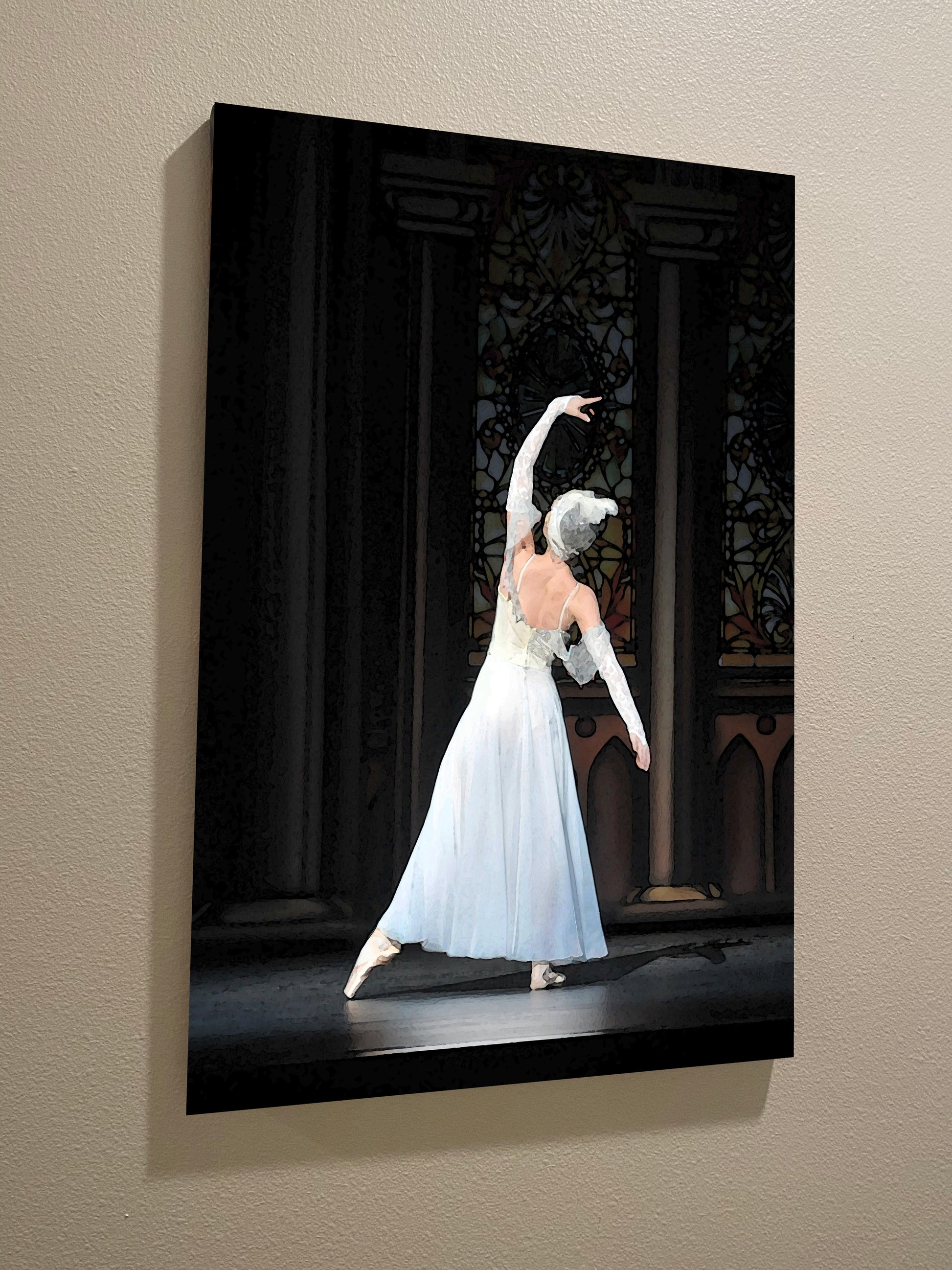 photo of an oil painting on canvas of a ballerina from the back performing on stage dressed in white