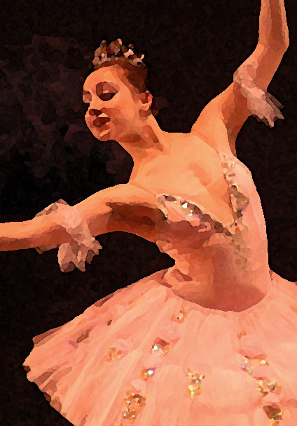 detail section of photo of painting of 3 ballet dancers performing on stage - detail of 1 face and costume