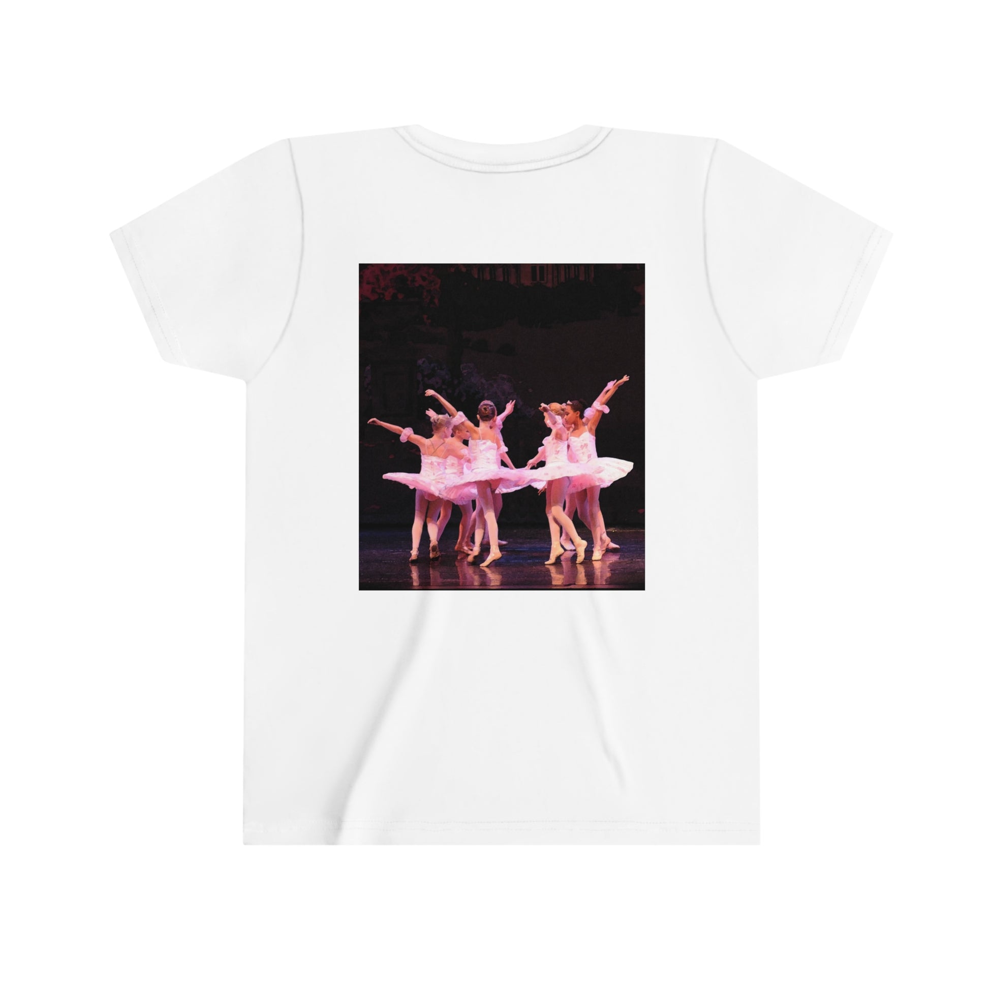 back side of white tee shirt with little ballerinas dancing in a circle wearing pink tutus