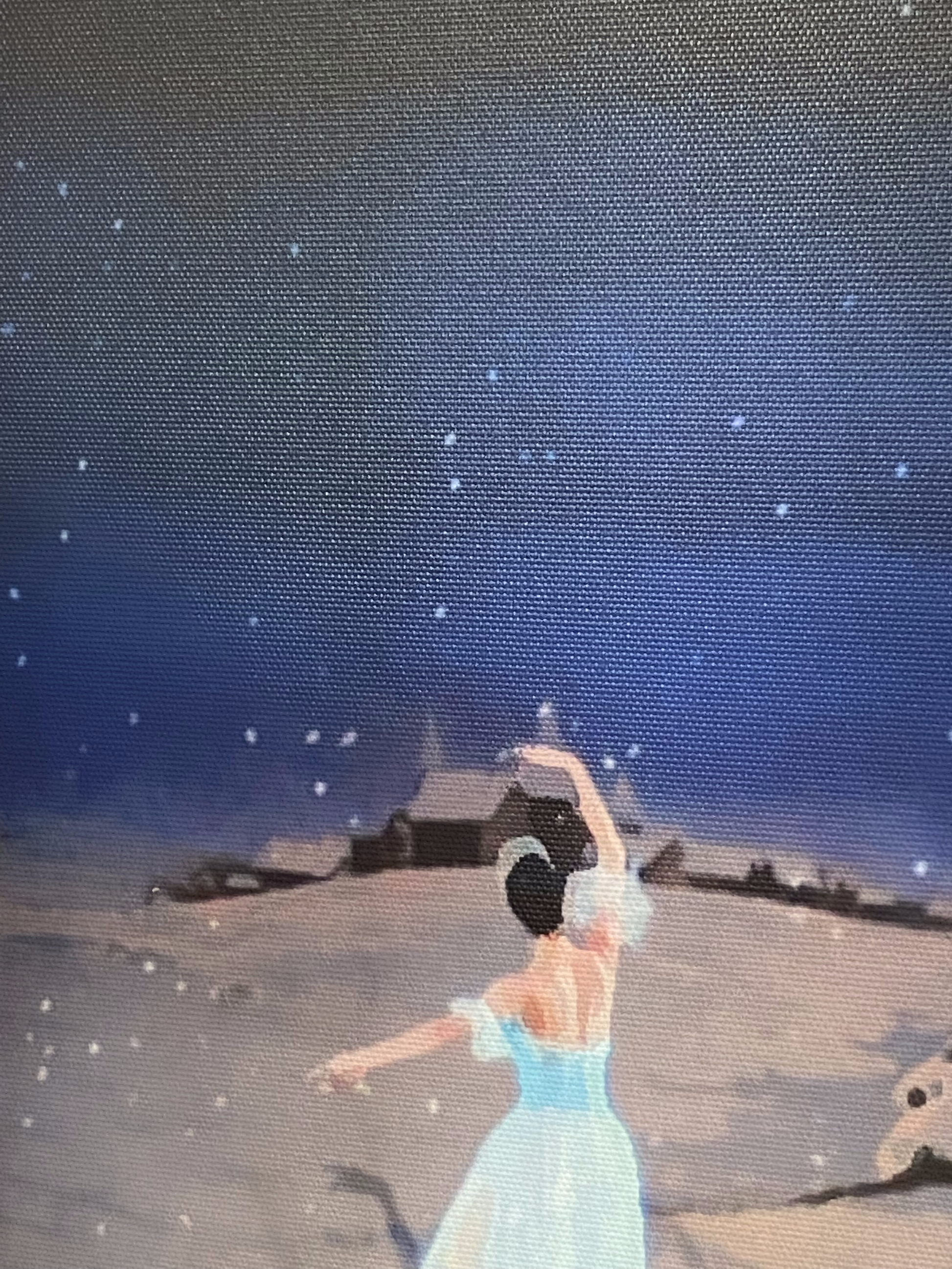 detail section of a painting of a ballerina performing on stage in front of a winter scene