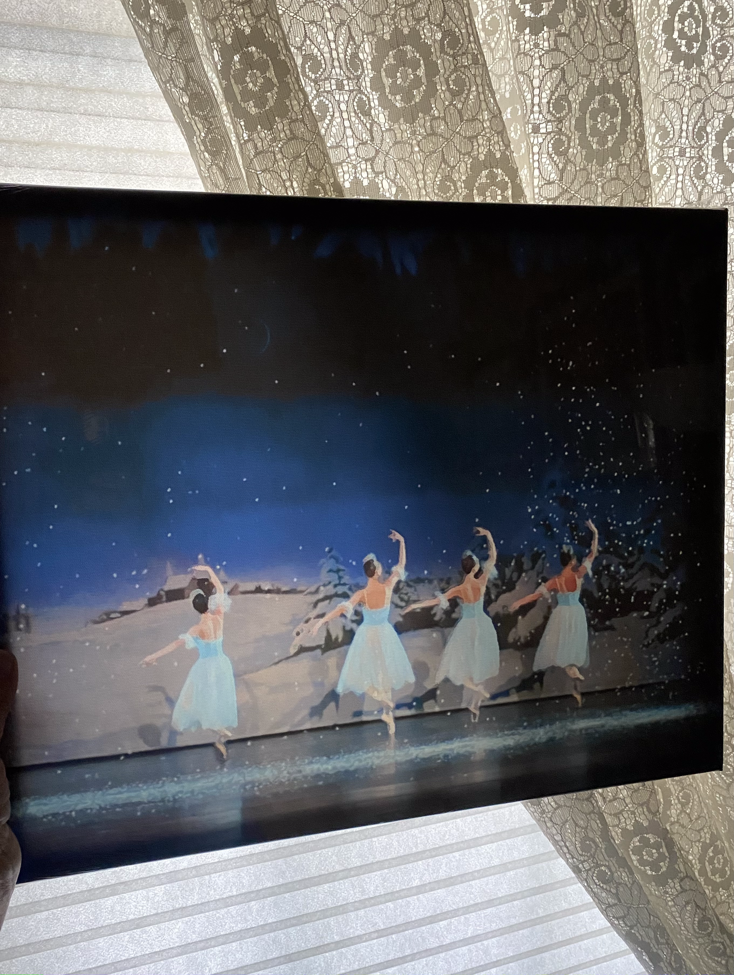 oil on canvas print of a painting of ballerinas dressed in blue costumes performing on stage in a winter scene 