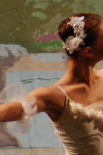 detail section of the ballerina's hair piece and dress and arm