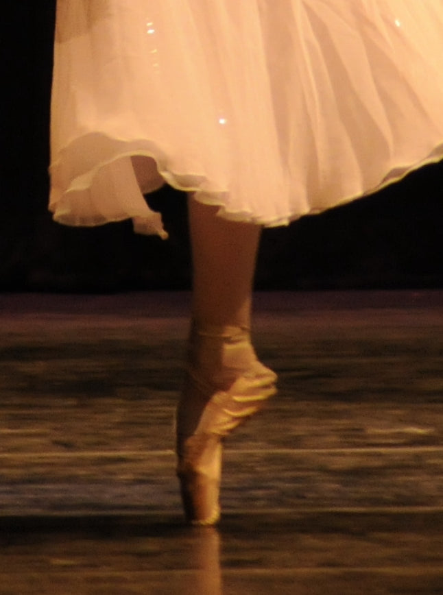 detail section of the ballet slipper and white dress