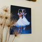 a photo of a painting of graceful ballerinas in white wearing tiaras dancing on point on stage with a dark backdrop