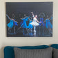 oil on canvas painting hanging on a wall in a home setting of ballerinas performing in white and blue costumes