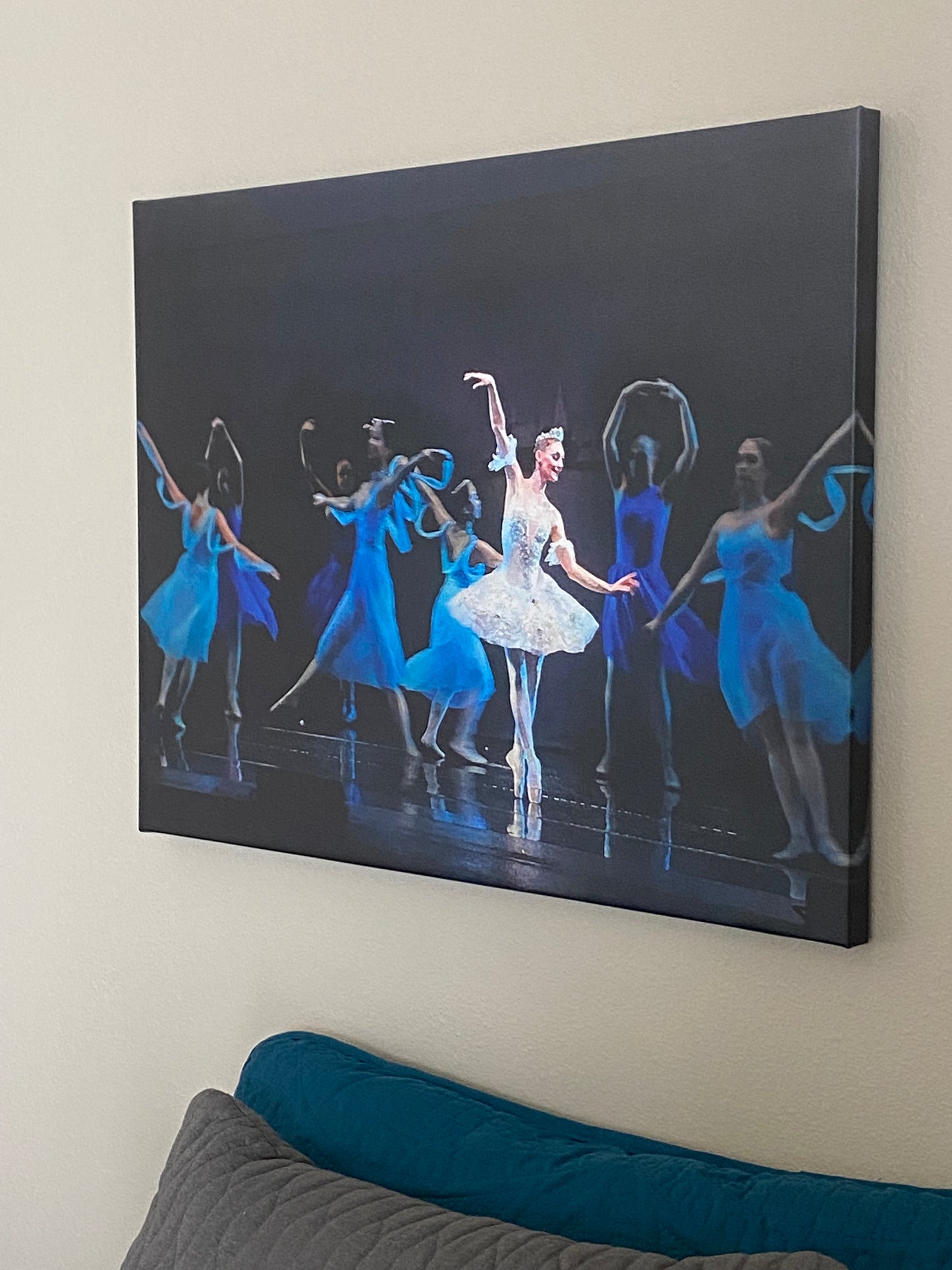 Graceful prima ballerina in white performing on stage with several dancers around her wearing blue