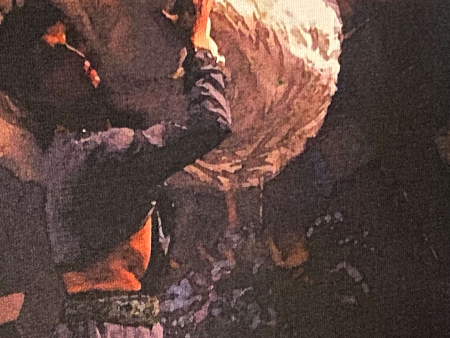detail section of an oil on canvas print showing the male dancer upper body