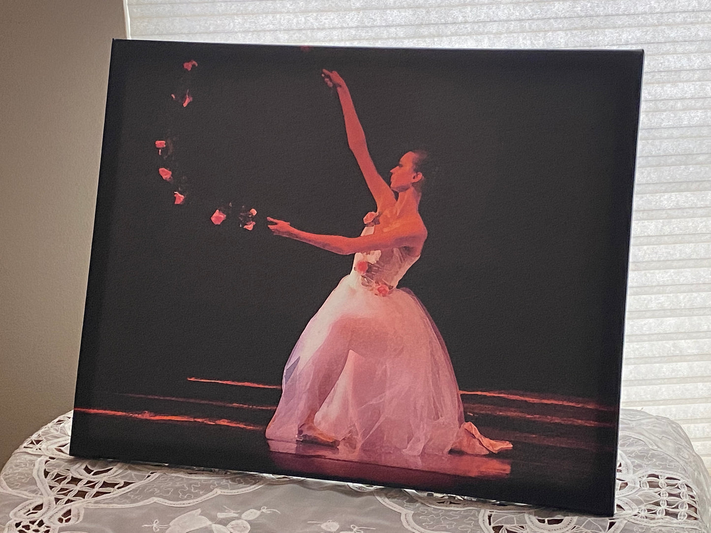 a painting of a ballerina with light shining through her costume in front of a window with light coming through the back of the canvas