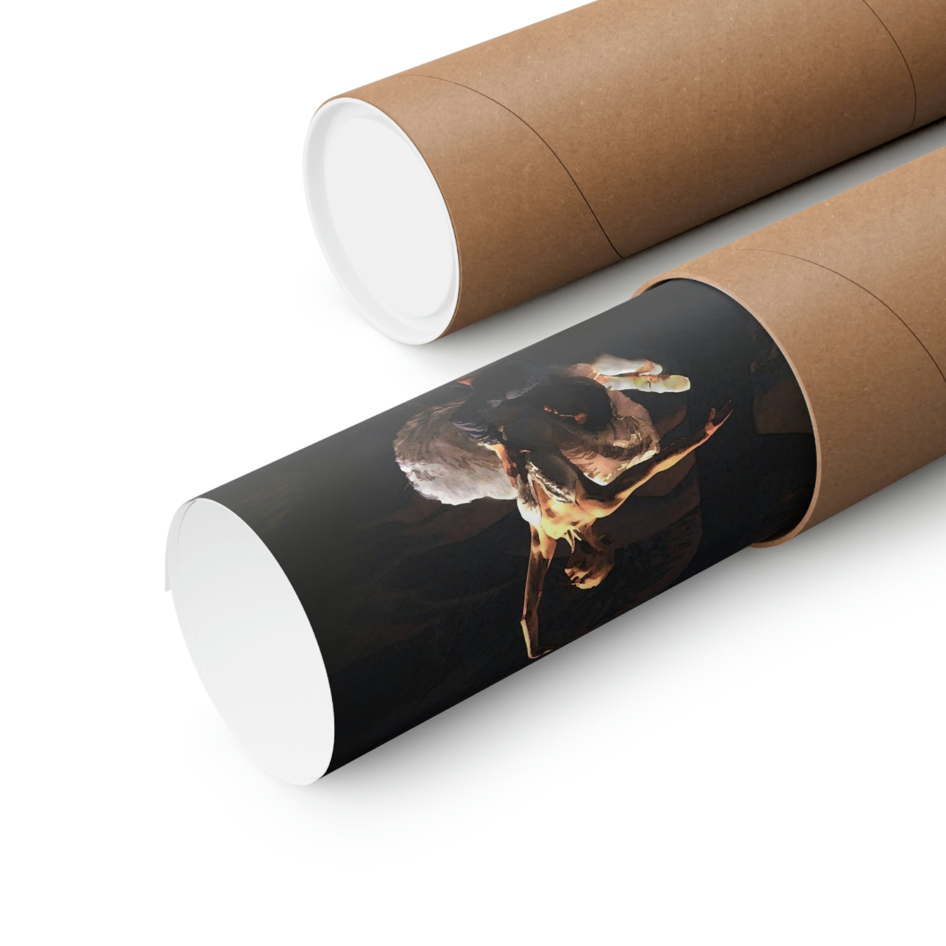 poster shown rolled up in a cardboard shipping tube.