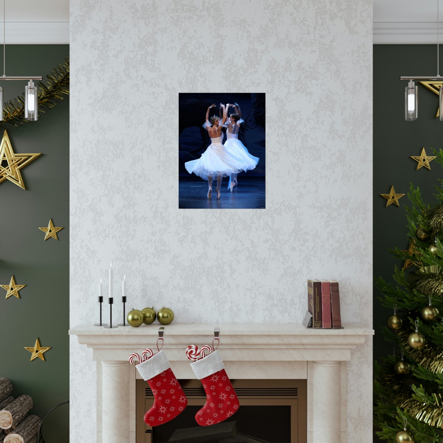 two ballerinas in white flowing costumes with a dark background on a premium matte poster.