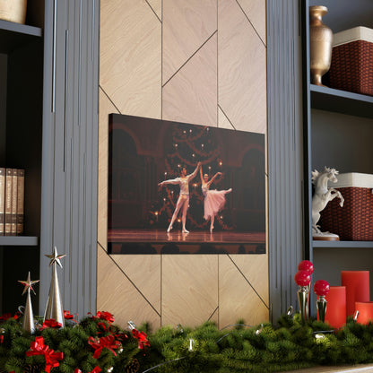 A livingroom setting with holiday decorations displaying a painting of a Ballet couple dancing in a Nutcracker performance on stage