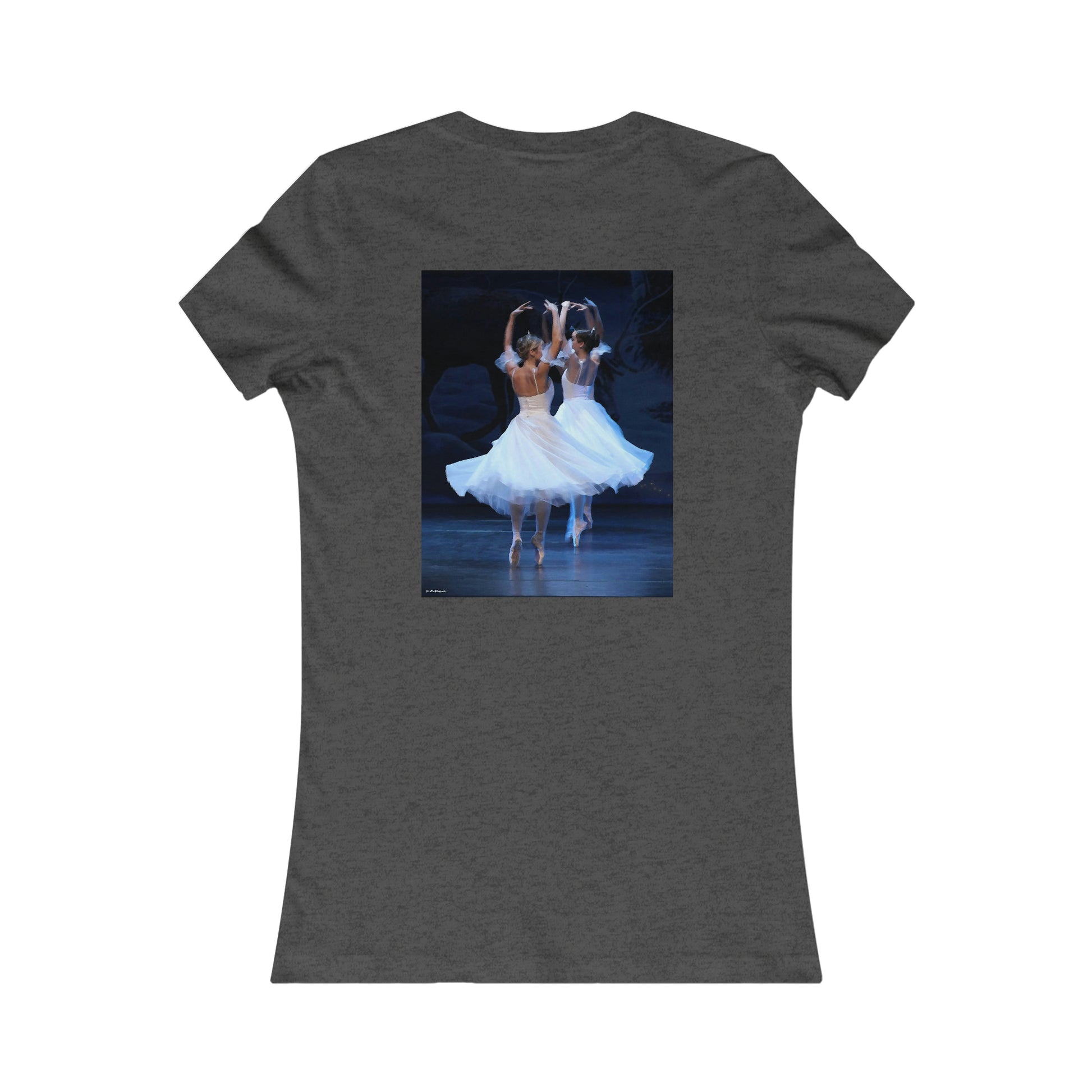 back side of the charcoal gray tee shirt with two ballerinas pictured in white dresses