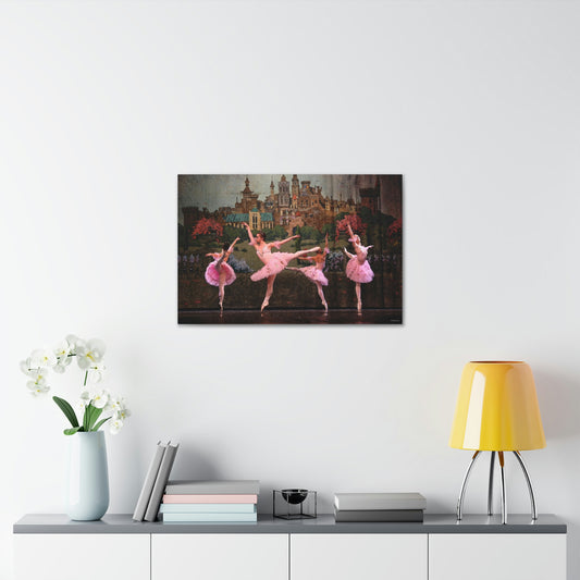 canvas print of a painting of Four ballerinas dancing in a circle on stage with a castle backdrop dressed in pink
