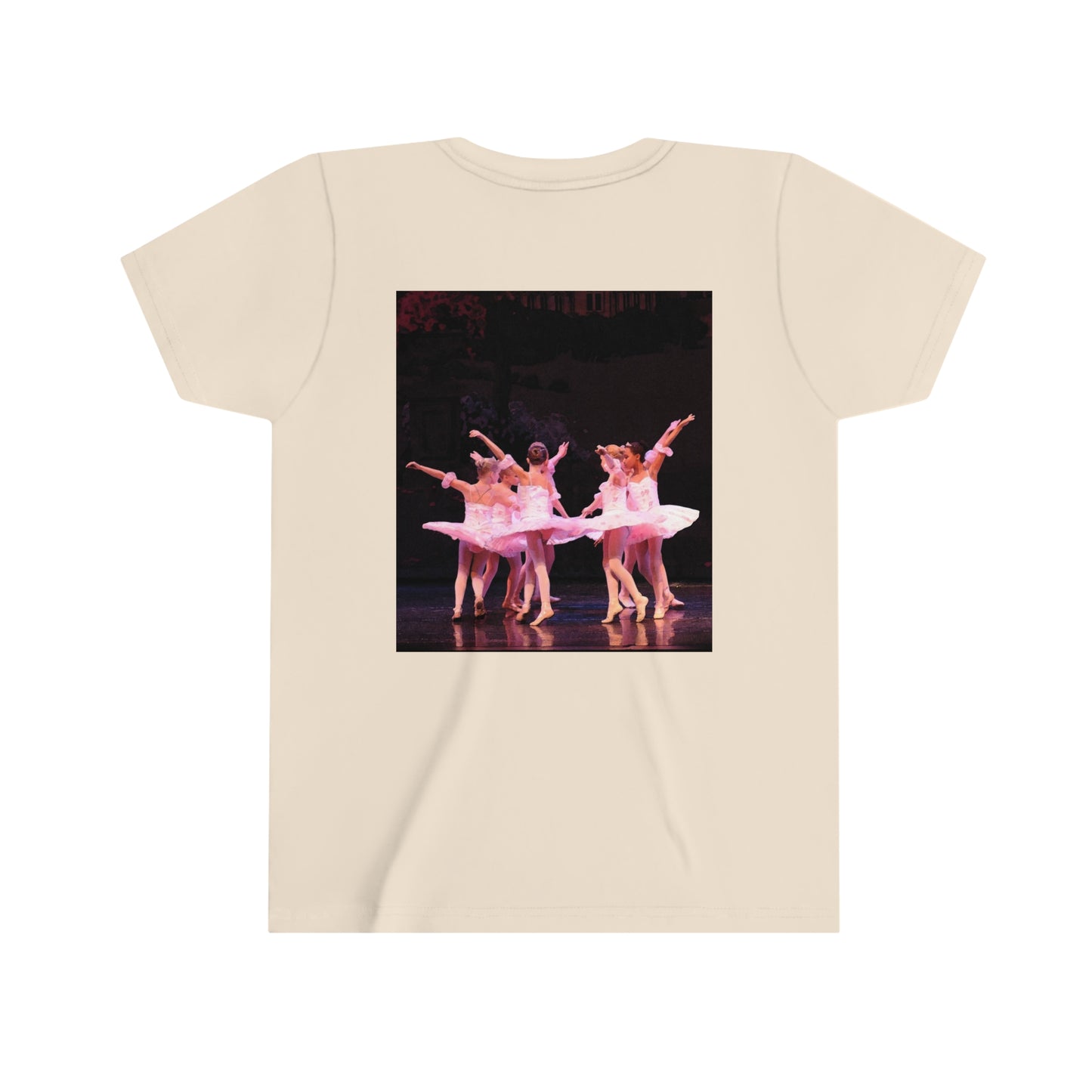 white tee back of the shirt with a group of child ballerinas.