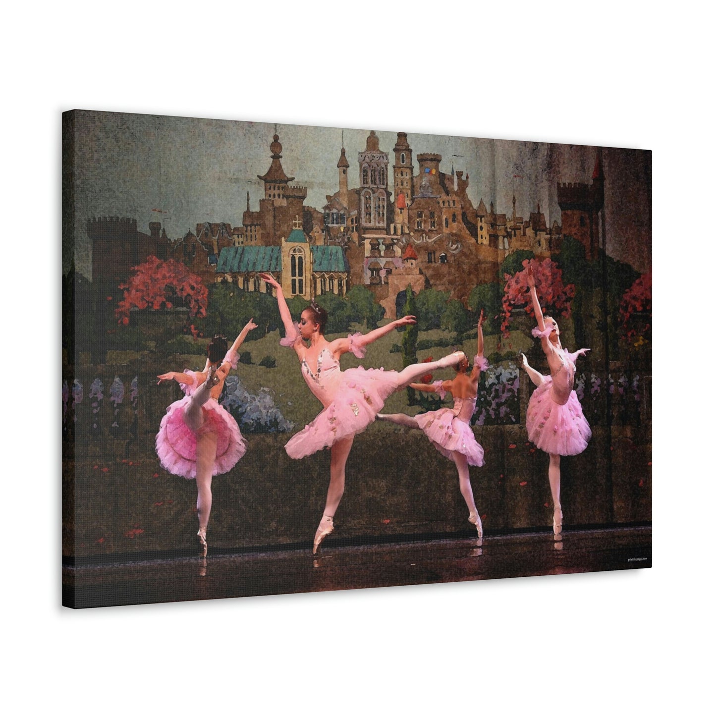 canvas print of a painting of Four ballerinas dancing in a circle on stage with a castle backdrop dressed in pink