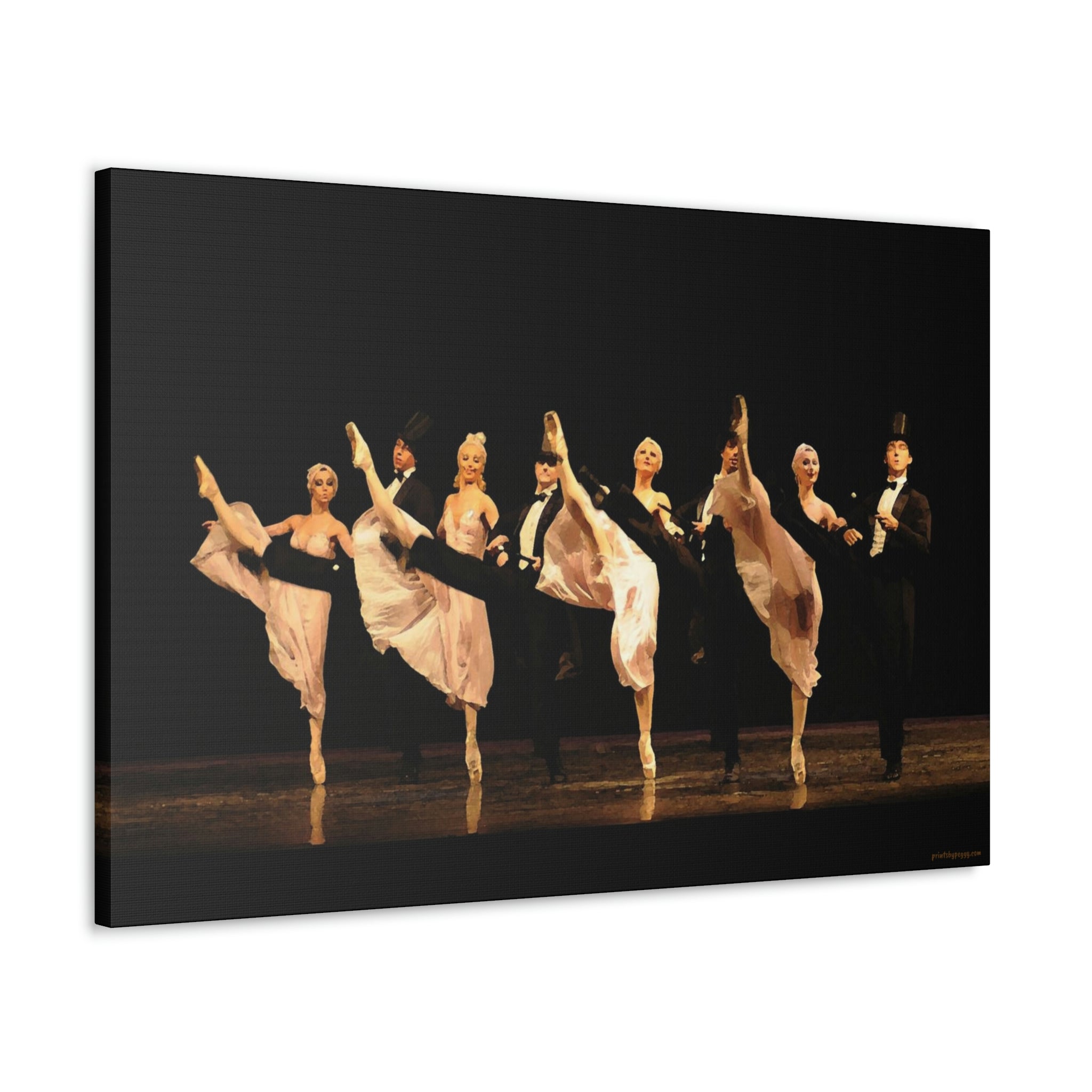 An oil canvas print of a kick line comprised of 8 male and female dancers. Females are in white and the males are in tuxedos with top hats