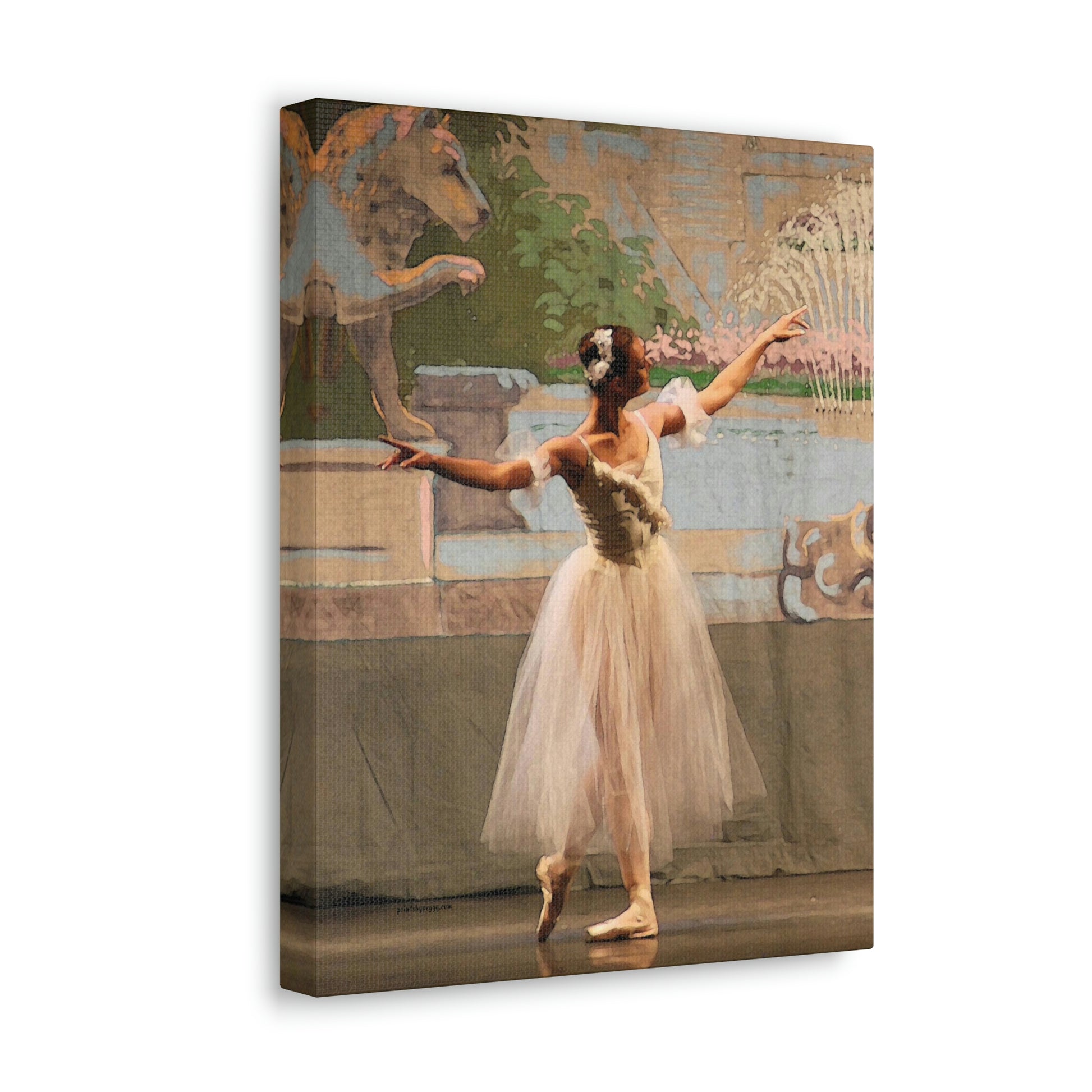 painting of a single ballet dancer in white with muted pastel background  