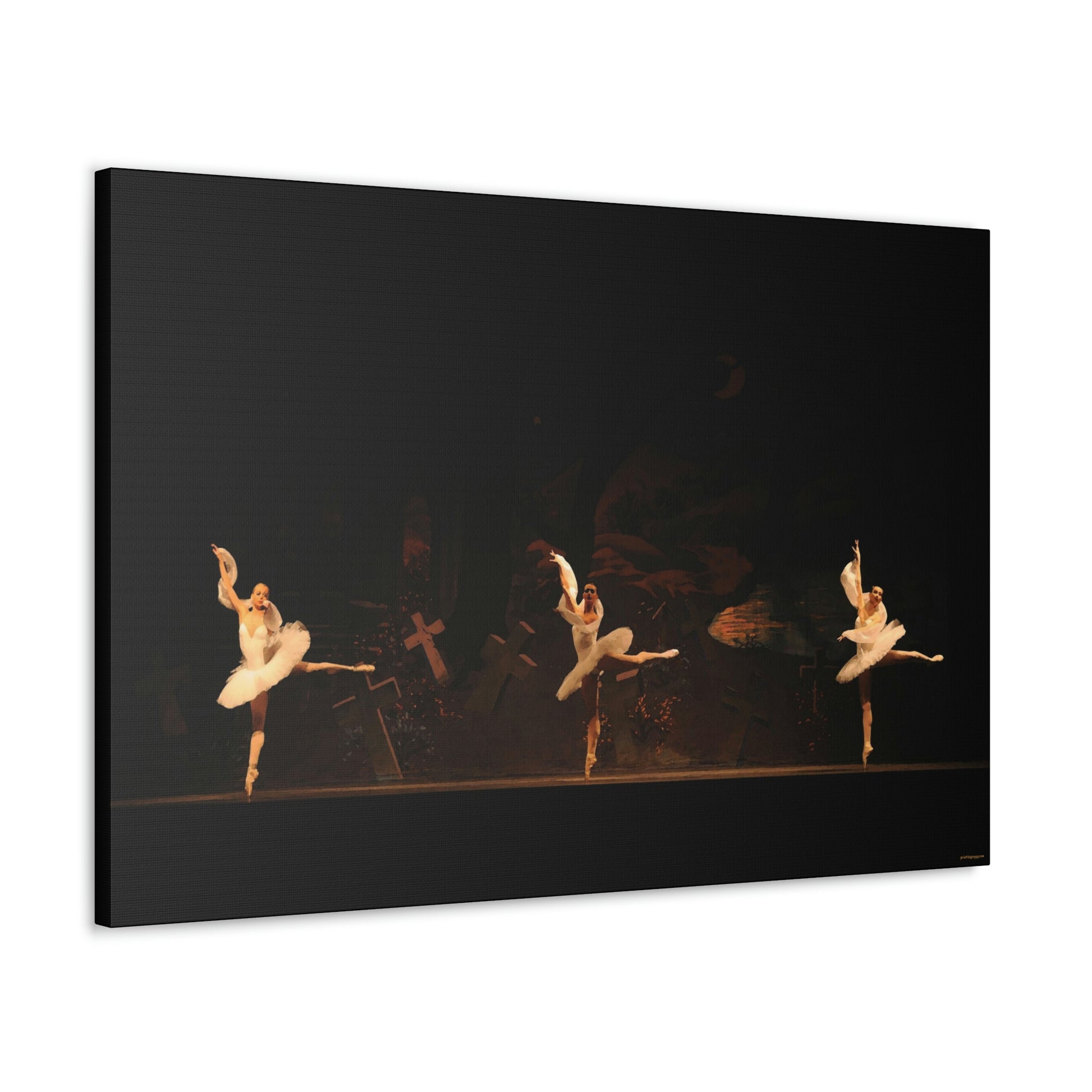 a painting on a wall of ballet dancers in white tutus on a dark background with crosses on it 