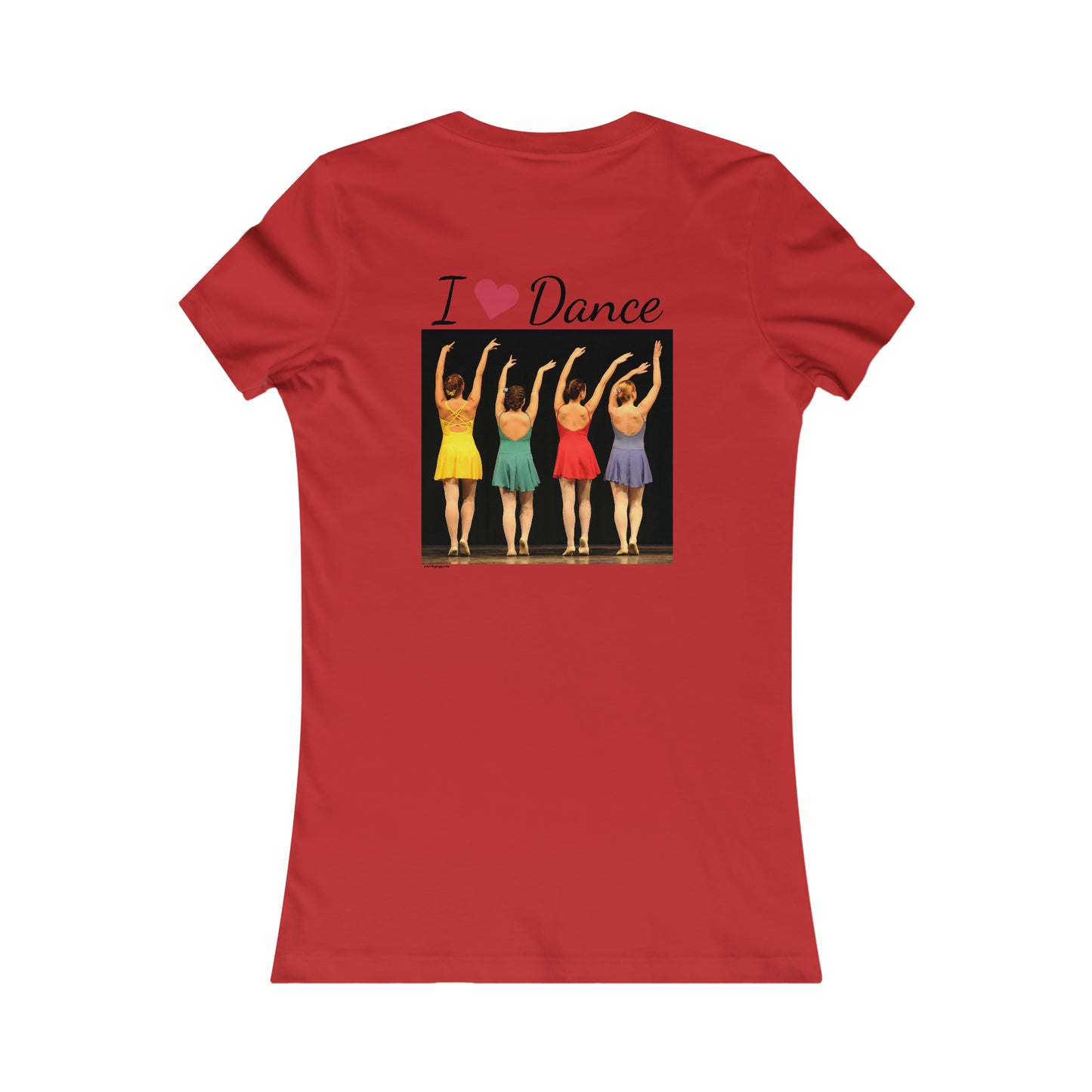 back of the red t-shirt with I heart dance and four dancers dressed in bright colors on a black background