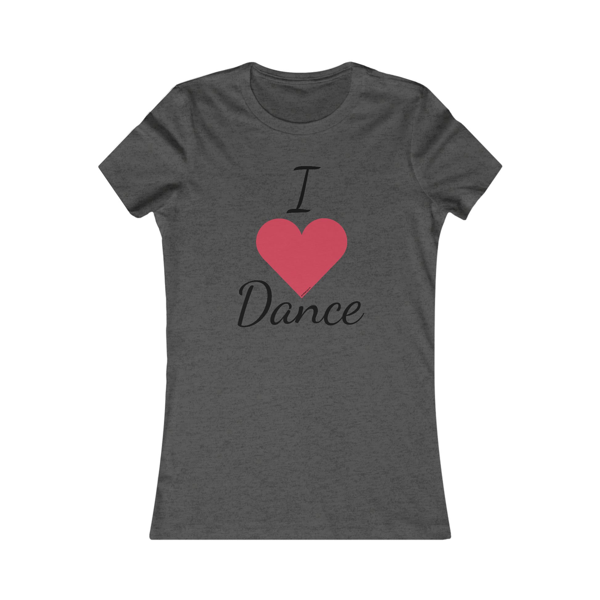 front side of charoal gray tee shirt that says "I heart Dance"